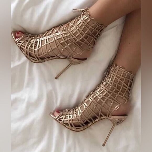 Sophia Webster Delphine Leather Gold /Caged Tie Lace Up Booties Heels 39 - Picture 2 of 15